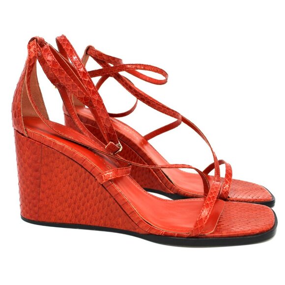 Tamara Mellon Shadow 75 Orange Elaphe Snakeskin Leather Wedge Heel Sandal 36 NEW